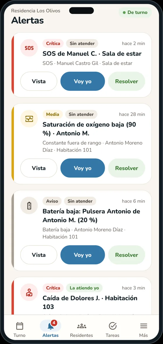 Lista de alertas en la app